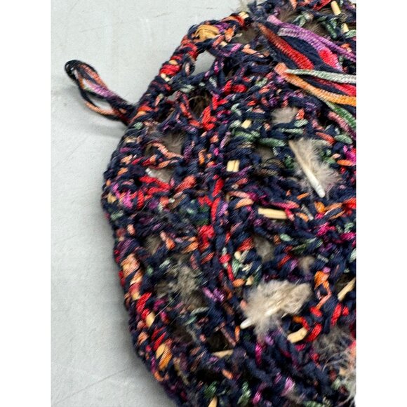 Handwoven Feather Hanging Basket Multicolor Yarn & Natural Feathers Used READ - Picture 5 of 7